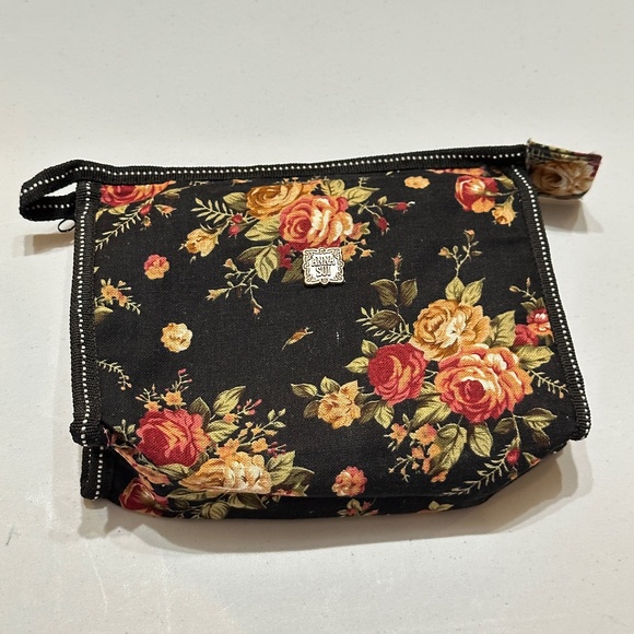 Anna Sui Floral Linen Mini Clutch Bag Cosmetic Bag Black - Picture 1 of 10